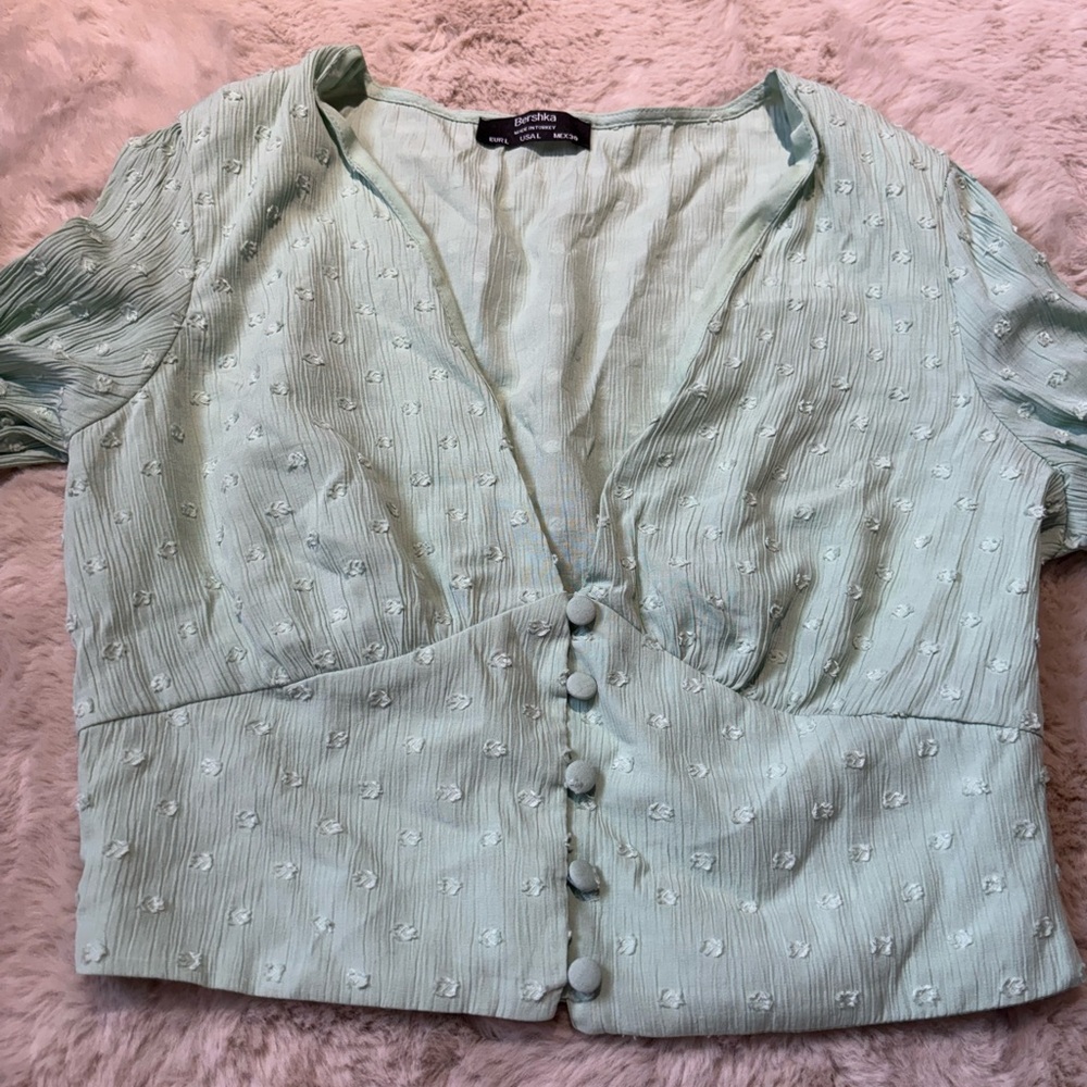 Bershka Mint Green Textured Cropped Button-Up Blouse